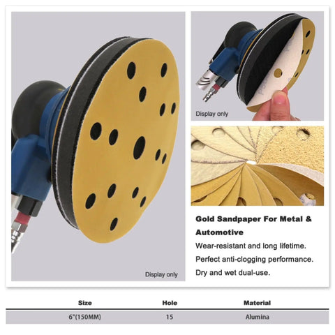 Grab These Killer Yellow 6 Inch Gold Sanding Discs With Anti-Clog Coating And 15 Holes For Dust Free Grinding On Any Project That Hits Hard Today close-up view of sanding disc with 15 holes.