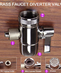 Heavy Duty Brass Sink Faucet Diverter Valve With Rigged Tough Chrome Handle No Sweat Plumbing Swap For Countertop Water Filter Sprayer and One Quarter Inch RO Tubing Faucet Adapter For Easy Water Diversion, top view on wooden background.