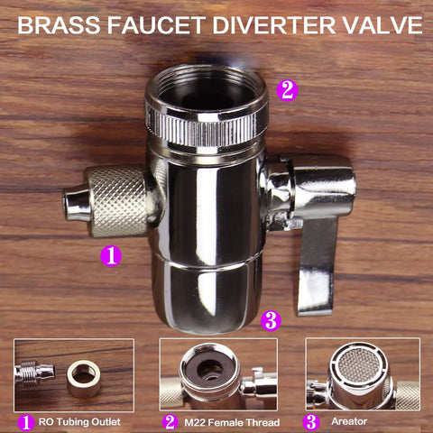 Heavy Duty Brass Sink Faucet Diverter Valve With Rigged Tough Chrome Handle No Sweat Plumbing Swap For Countertop Water Filter Sprayer and One Quarter Inch RO Tubing Faucet Adapter For Easy Water Diversion, top view on wooden background.