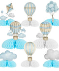Blue Hot Air Balloon Honeycomb Centerpieces For Tables With Clouds Travel Adventure Theme 8 Piece Set