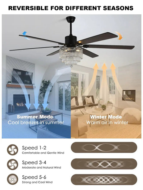 Bella Depot 65" Crystal Fandelier Low Profile Ceiling Fan with Light showing summer and winter modes in a stylish living room.