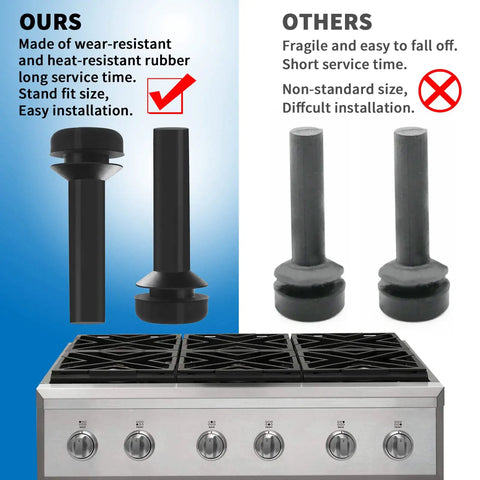 Comparison of 12 Pack Grate Rubber Feet Replacement For Gas Stove Tops next to standard stove feet, highlighting durability.