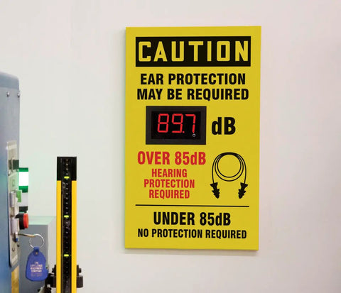 20 By 12 Inch Wall Mount Decibel Meter Sign With Real Time Noise Readout, OSHA Caution Header, Bright Red LED Display, Accurate 30 dB To 130 dB, High Visibility Safety Sign For Work Sites on wall
