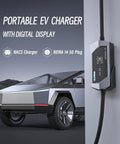 Ready For Tesla Level 1 And Level 2 Portable EV Charger, 32A, NEMA 14-50 Plug, Wall Mounted, Cybertruck in Background
