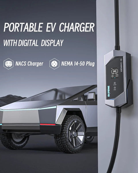 Ready For Tesla Level 1 And Level 2 Portable EV Charger, 32A, NEMA 14-50 Plug, Wall Mounted, Cybertruck in Background