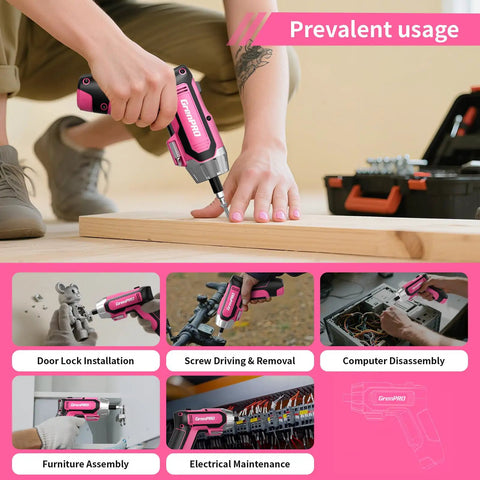 4V Cordless USB Rechargeable Screwdriver Kit with 29 Bits, pink, used for woodwork and home repairs