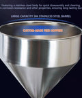 Smooth Operator Pneumatic Bottle Filler Machine With Heavy Gauge Stainless Steel Hopper and No Sweat Anti Drip Spout, large capacity funnel.
