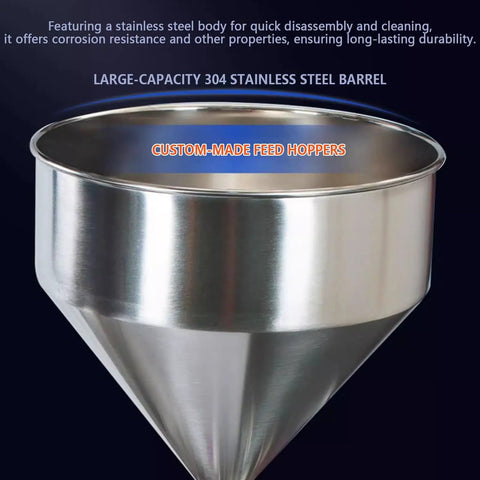 Smooth Operator Pneumatic Bottle Filler Machine With Heavy Gauge Stainless Steel Hopper and No Sweat Anti Drip Spout, large capacity funnel.