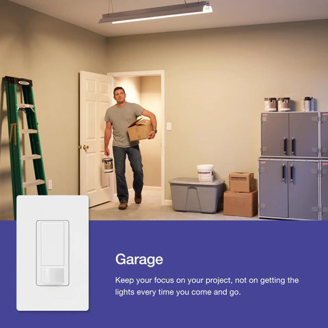 Man entering garage with motion sensor light switch overlay, showcasing Motion Sensor Light Switch For Indoor Use No Brainer Auto On Auto Off Occupancy Vacancy Sensor Single Pole Works With Any Bulbs Perfect For Bathroom, Garage, Laundry Room White Finish.