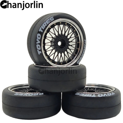 RC Drift Tires With Aluminum Wheels 2.56 Inch OD 12mm Hex Hard Drift Tires Stacked Set Close-Up