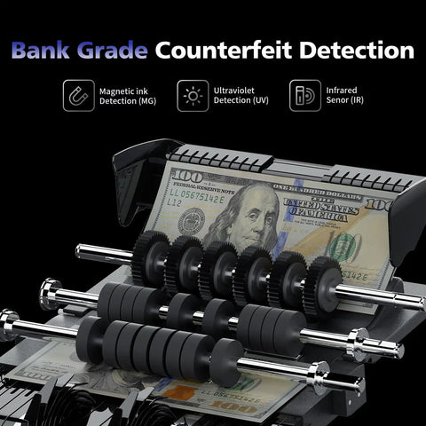 Money Counter Machine For Mixed Denominations With Dual Display And Counterfeit Detection Using UV IR MG And DD showing bank-grade detection features