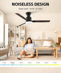 Living room interior with five blade ceiling fan with remote and light kit for indoor and outdoor use matte black motor housing white glass lampshade 52 inch sloped ceiling compatible up to fifteen degrees patio friendly ideal for bedroom or living room