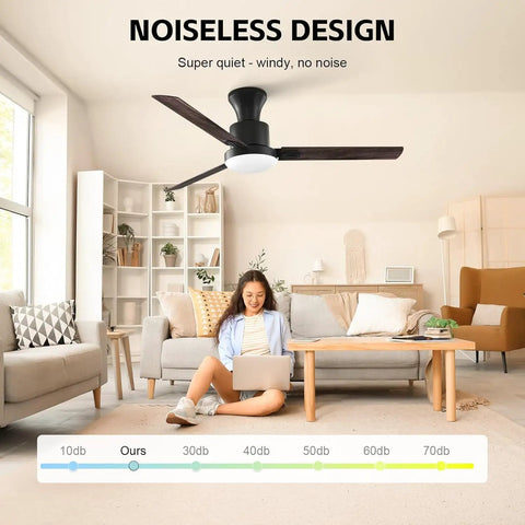 Living room interior with five blade ceiling fan with remote and light kit for indoor and outdoor use matte black motor housing white glass lampshade 52 inch sloped ceiling compatible up to fifteen degrees patio friendly ideal for bedroom or living room