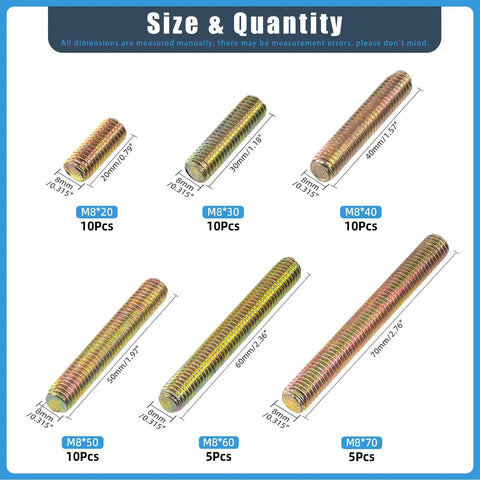 Beefy M8 Fully Threaded Rod Kit In Six Lengths 20 30 40 50 60 70mm Zinc Plated Carbon Steel with size and quantity details.