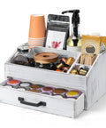 Rustic White Coffee Bar Organizer With Drawer All In One Setup Three Compartments And Deep Storage For Pods Tea Sugar Sticks Straws And Cups Farmhouse Kitchen Counter Organizer And Decor