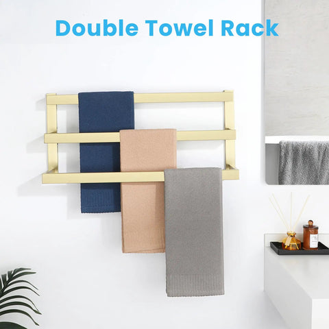 Double towel rack with blue, peach, and gray towels hanging, designed for bathroom wall mounting, displayed in minimalist bathroom.