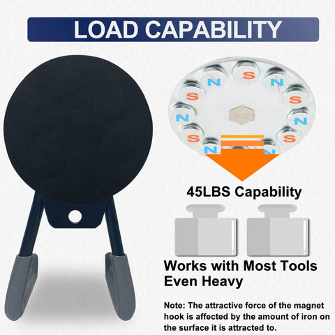 Heavy Duty Magnetic Hooks 45 Lb Capacity 2 Pack For Garage Wall Hangers showcasing load capacity illustration and magnet details.