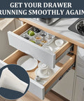 Kitchen drawer with open smooth glide supported by Durable Plastic Drawer Side Track Brackets 5/16 Inch By 7/8 Inch White Two Pack
