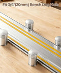 Pro Grade 20mm Bench Dogs Set With 38mm Rise For MFT Workbench, stainless steel dogs in 20mm holes on wooden table