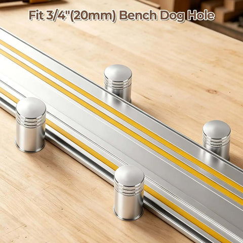 Pro Grade 20mm Bench Dogs Set With 38mm Rise For MFT Workbench, stainless steel dogs in 20mm holes on wooden table