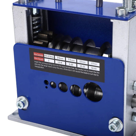 Pro Grade Wire Stripping Machine Hand Crank Or Drill Powered With 6 Hole V Groove For 3.5 To 17 Mm Cables Adjustable Cutting Depth Portable Insulation Stripper Tool For Fast Clean Wire Prep, blue steel body