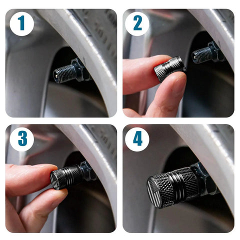 "Step-by-step installation of Premium Anodized Alloy Tire Valve Stem Caps, 5 Pack, Corrosion Resistant and Rust Proof, Black"