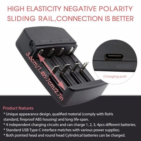 USB Universal Smart Battery Charger For 3.2V LiFePO4 Batteries With NiZn Compatibility showing ports and dimensions