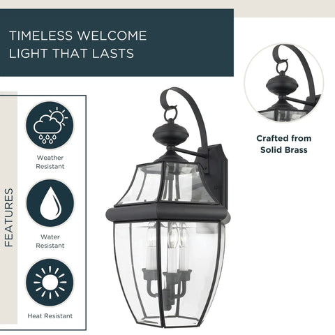 Newbury 23 Inch Outdoor Wall Lantern, 3 Light Mystic Black With Clear Beveled Glass, French Country Style Porch Light, wet location