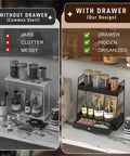 Coffee Bar Station Organizer With Built In Drawer And Two Tier Countertop Shelf For Tea Bags Coffee Accessories And Syrup Bottles Black Finish comparing organized vs cluttered setup