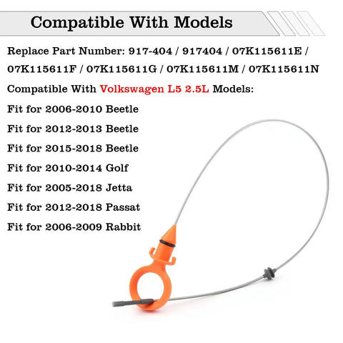 Engine Oil Dipstick Indicator Replacement For Volkswagen L5 Engine with model compatibility list and part numbers.