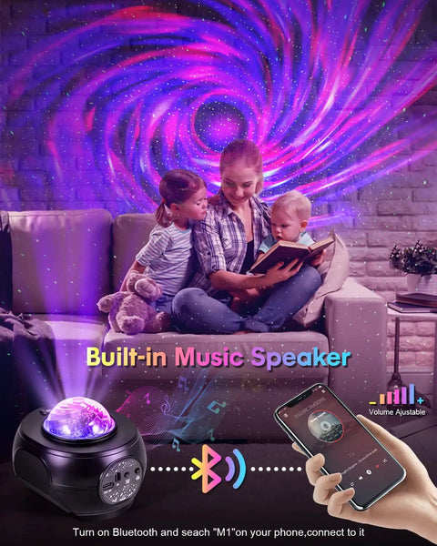 Family enjoys Galaxy Star Projector Night Light With App Remote Dope Nebula Sky Projection scene in living room