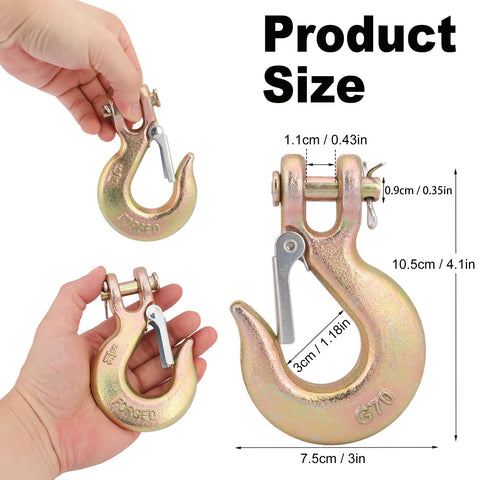Ten Pack Five Sixteenth Inch Forged Steel Clevis Slip Hooks With Safety Latch For Towing And Winch Heavy Duty G70, size comparison in hand.