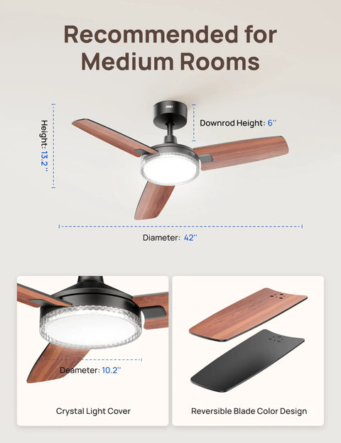 Smart Ceiling Fan With Lights, 42 Inch Black, 12 Speeds, featuring crystal light cover and reversible wood blade design.