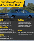 Classic blue car with a list of compatible vehicles including Ford, Oldsmobile, Buick, Cadillac, and others.