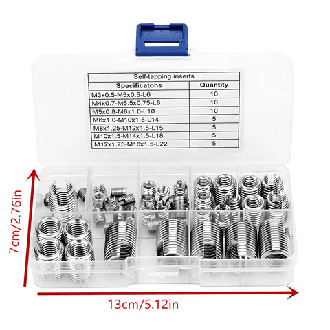 Heavy Duty Stainless Steel Self Tapping Thread Inserts Set M3 To M16 Inner Thread Repair Kit, 50 Pieces, Pro Grade Industrial Fastener Repair For Cars, Machinery, And Home Projects. Plastic case with assorted stainless inserts