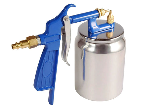 Heavy Duty Suction Feed Air Spray Gun With Nickel Plated Body For Latex Enamel And Stains Includes Filter Cleaning Kit for easy use during quick weekend shop jobs.