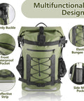 Green 40L waterproof backpack dry bag with elastic bungee cord, sturdy buckle, side mesh pocket, and front waterproof pocket.