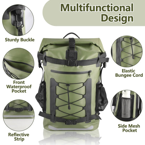 Green 40L waterproof backpack dry bag with elastic bungee cord, sturdy buckle, side mesh pocket, and front waterproof pocket.