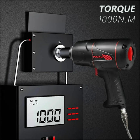 Shop Grade Impact Pneumatic Wrench delivers serious torque at 1000 Nm, demonstrating power on a torque measurement display.