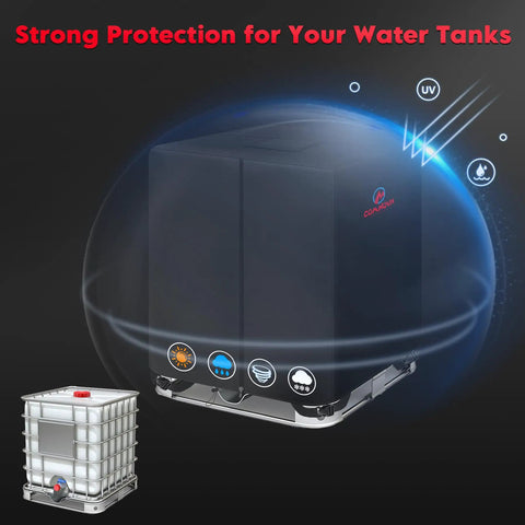 Premium Heavy Duty IBC Tote Cover 330 Gallon With Secure Zipper Water Tank Shell protecting a water tank from the elements.