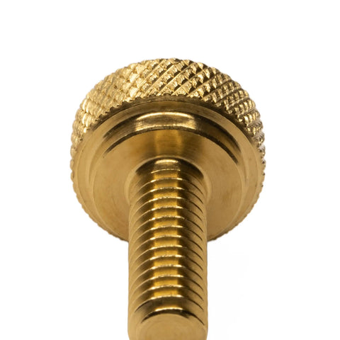 Top Shelf Brass Knurled Thumb Screws Ten Pack One Quarter Twenty Thread Three Quarter Inch Length angled view of detailed knurled head.