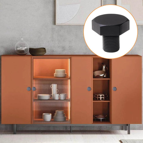 Cabinet with installed Six Piece Aluminum Hex Knob Set For Cabinets Black Brushed Finish With Single Hole Drawer Handles For Kitchen Cabinets