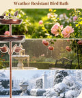 Two In One Metal Bird Bath And Feeder For Outdoor Gardens, Vintage Bronze Free Standing Yard Decor in garden setting.