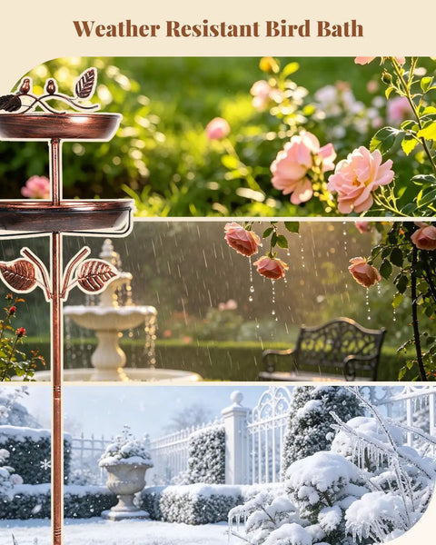 Two In One Metal Bird Bath And Feeder For Outdoor Gardens, Vintage Bronze Free Standing Yard Decor in garden setting.