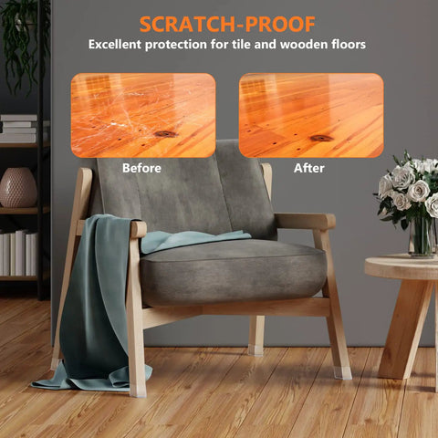 Square Chair Leg Floor Protectors 36 Pack showing before and after scratch prevention on wooden floors.