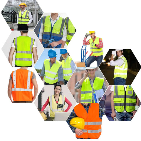 6 Pack High Visibility Reflective Work Vests For Men And Women, 8 Pockets With Zipper, 360 Degree Reflectivity, breathable polyester