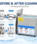 Top Tier Three Liter Ultrasonic Cleaner With Quick Heat Mode And Digital Timer, shows before and after cleaning of glasses and small parts.