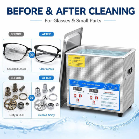 Top Tier Three Liter Ultrasonic Cleaner With Quick Heat Mode And Digital Timer, shows before and after cleaning of glasses and small parts.