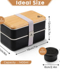 Adult Bento Box With Compartments, 47oz Stackable Japanese Style Rectangle Lunch Container With Utensil Set displayed with size dimensions and sauce container