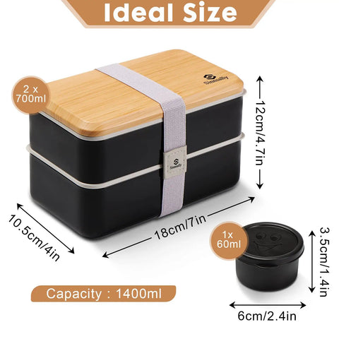 Adult Bento Box With Compartments, 47oz Stackable Japanese Style Rectangle Lunch Container With Utensil Set displayed with size dimensions and sauce container